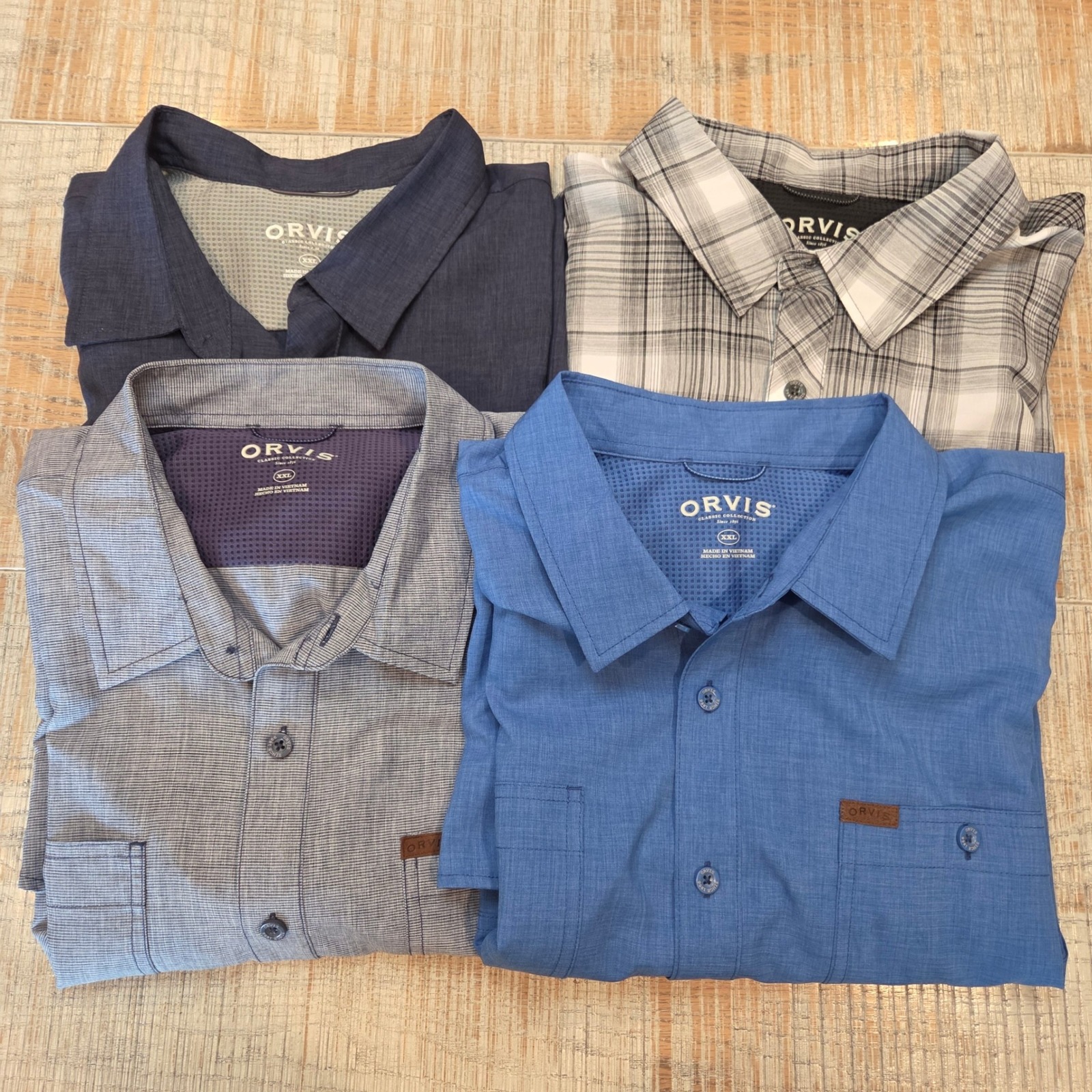 Orvis Classic Button Up Short Sleeve Shirt Mens Xxl Blue Gray Plaid Lot Of 4